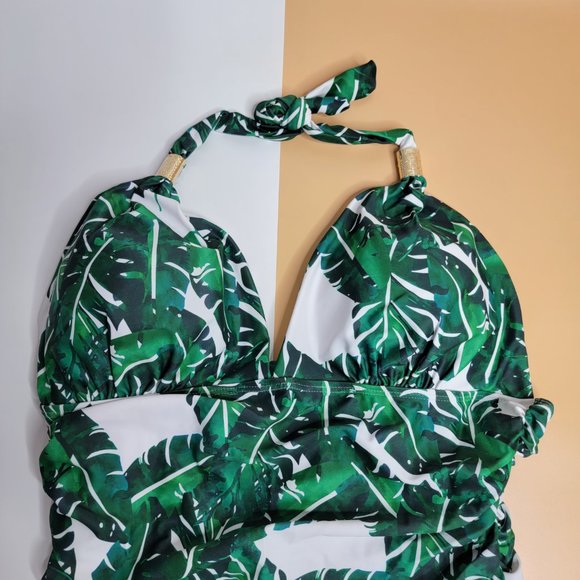 Women Green V Neck One Piece Tummy Control Ruched Swimwear size X-Large NEW - Picture 4 of 11